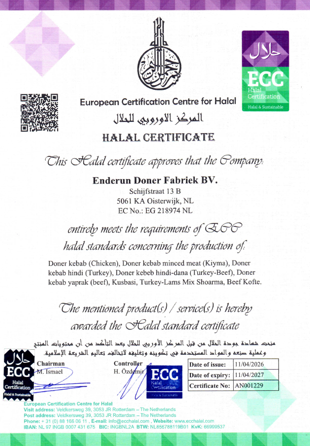 Halal Certificaat Enderun Doner Fabriek BV